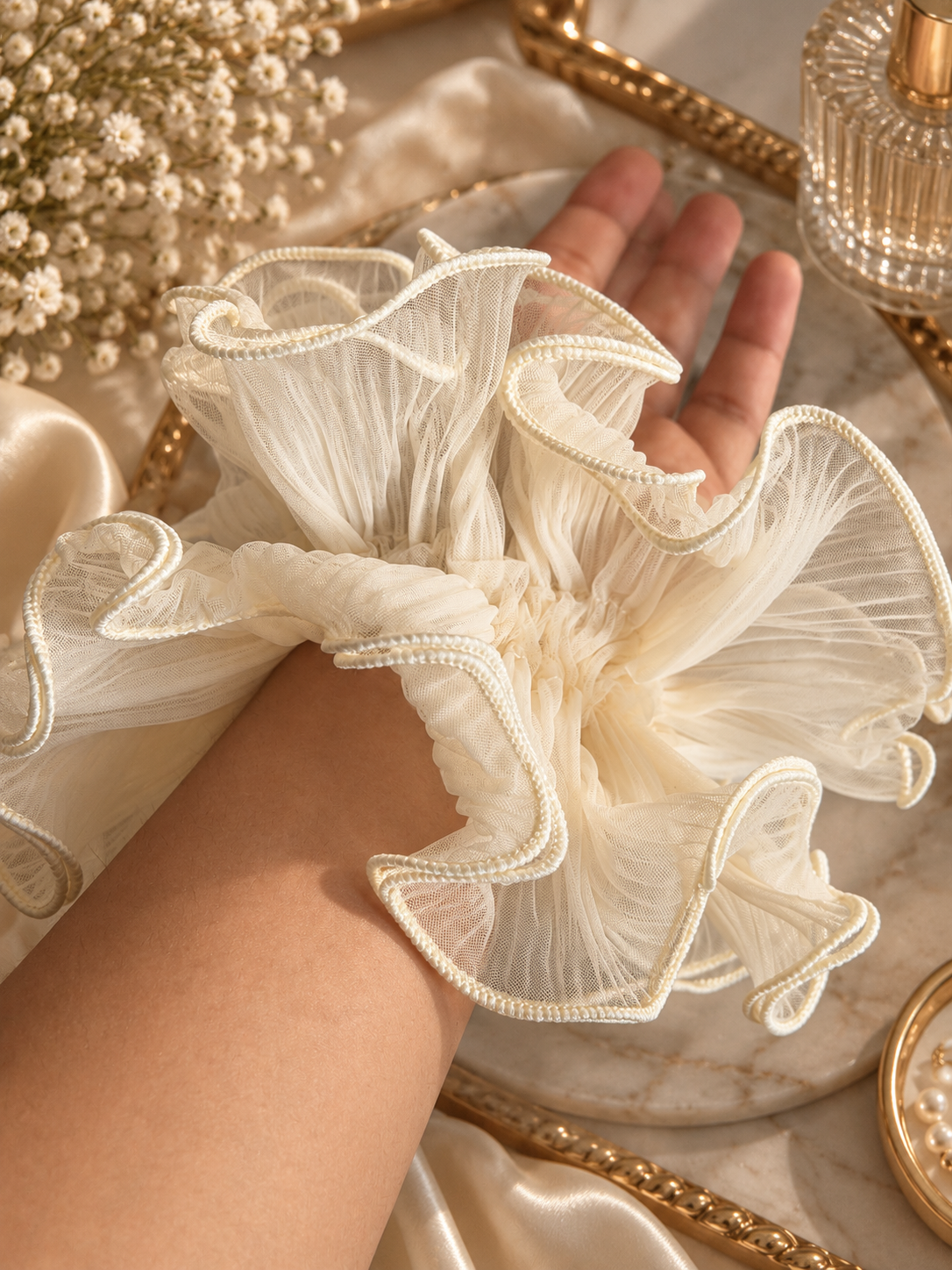 Ivory Tulle Ruffle Scrunchie